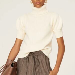 Adam Lippes White Cotton Sweater SMALL Puff Sleeve Cottagecore Designer $245